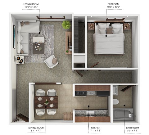 A diagram shows the layout of a small apartment with a living room, dining room, kitchen, bedroom, and bathroom.